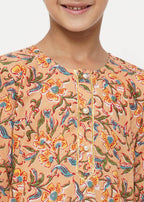 Little Bansi Boys Cotton Block Floral Kurta with Pearl Buttons & Pyjama in Orange & Cream | Grocsy