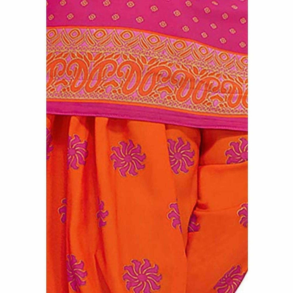 Synthetic Pink & Orange Printed Unstitched Salwar Suits Dress Material with Dupatta | Grocsy