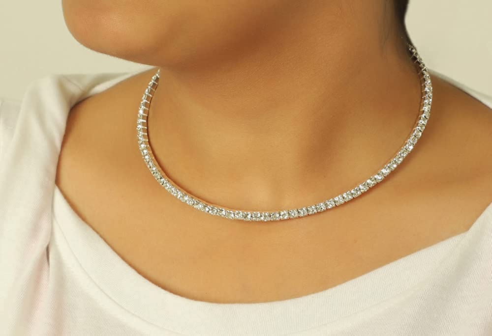 Silver-Toned Alloy Rhinestones Studded Choker - The Pari | Grocsy