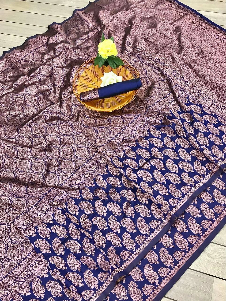 DEIANA'S Beautiful Designer Golden zari Soft Lichi Silk Saree - Blue | Grocsy