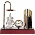 Ganesh Ji Crystal Showpiece Figurine, Classic Table Clock & Stylish Pen Stand,Brass & Stainless Steel In Gold & Silver Plating | Grocsy