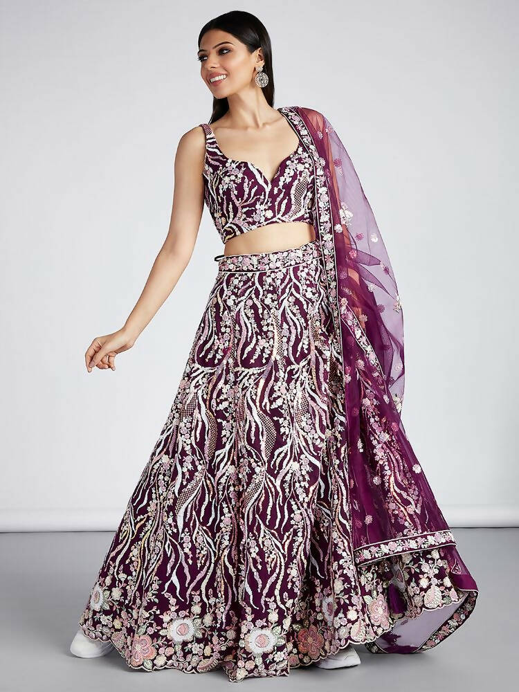 House of Panchhi Burgundy Net Sequins And Thread Embroidery Lehenga Choli & Dupatta | Grocsy