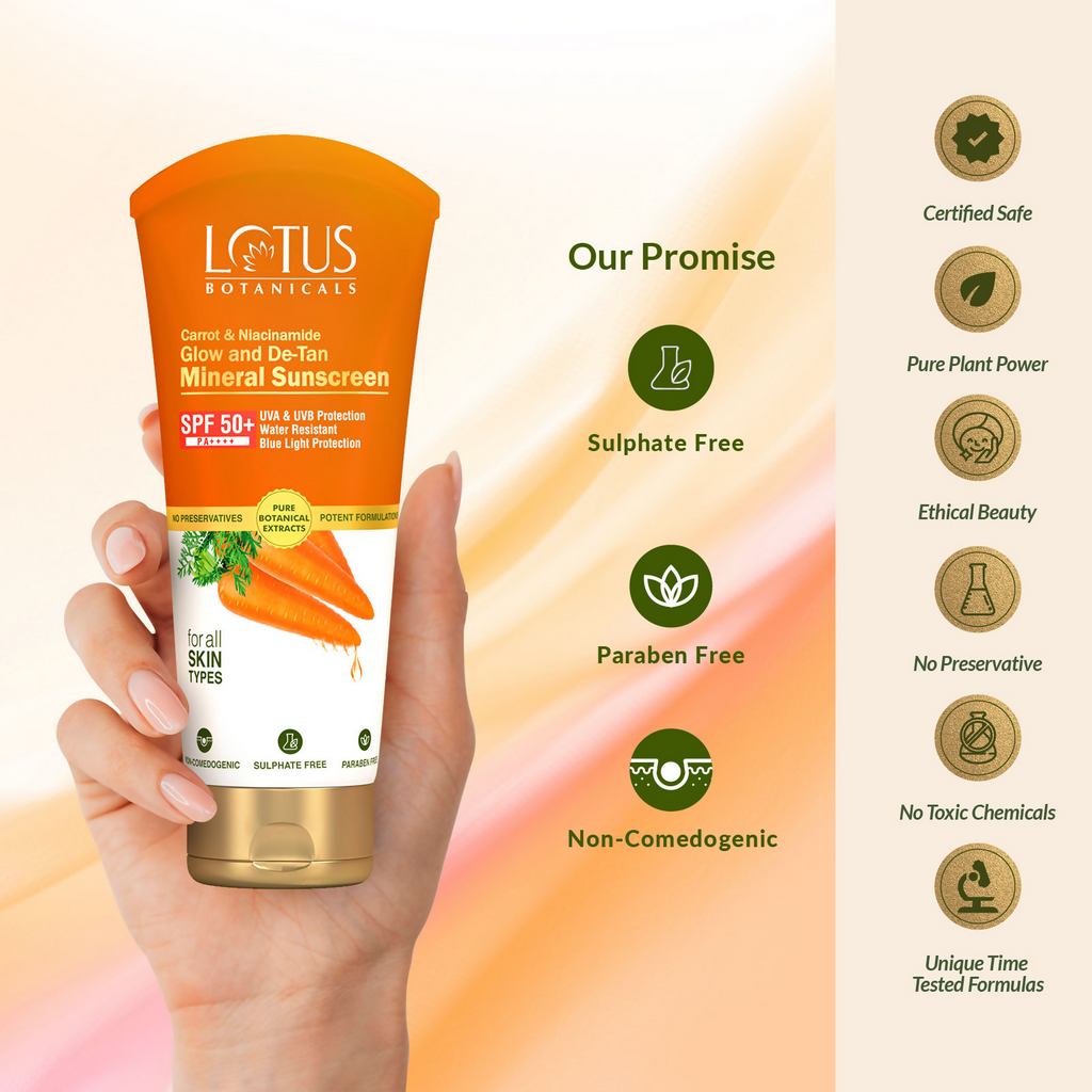 Lotus Botanicals Carrot & Niacinamide Glow and De-Tan Mineral Sunscreen, SPF 50+, PA++++ | Grocsy