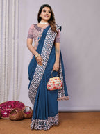 Teal Blue Silk Georgette Laser Cut Embroidery Wired Frills Saree - Norita Saumya | Grocsy