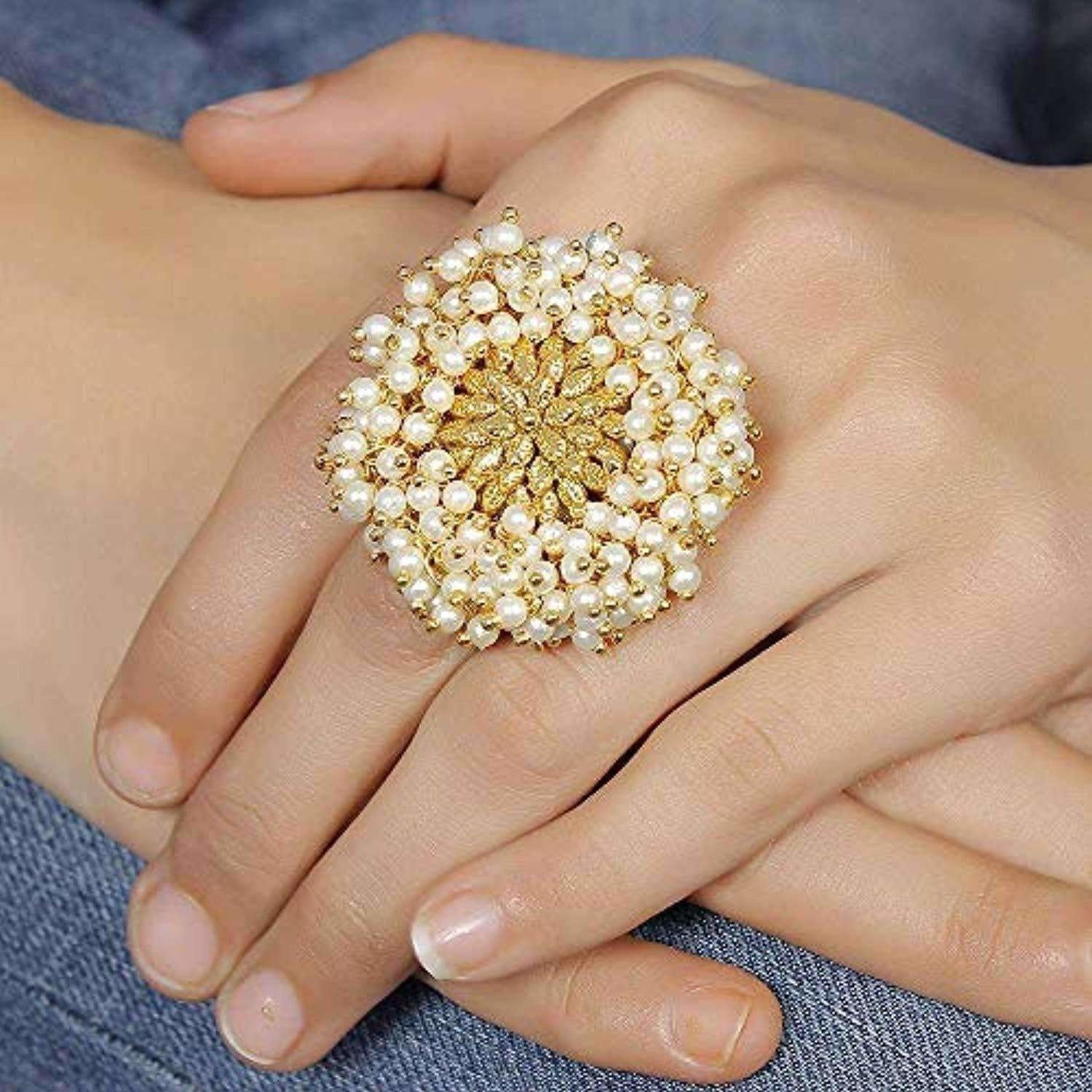 Gold-Polished Pearl Beads Polki Ring | Grocsy