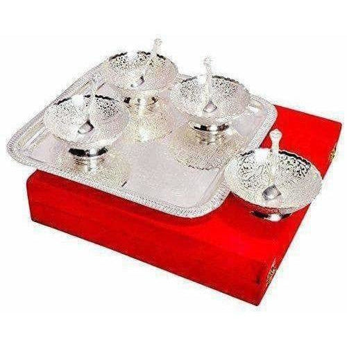 Silver Plated Brass Bowl Set with Tray - Pack of 9 | Grocsy