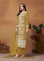 Monjolika Fashion Olive Colour Embroidered Soft Organza Straight Suit With Dupatta | Grocsy