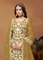 Monjolika Fashion Olive Colour Embroidered Soft Organza Straight Suit With Dupatta | Grocsy