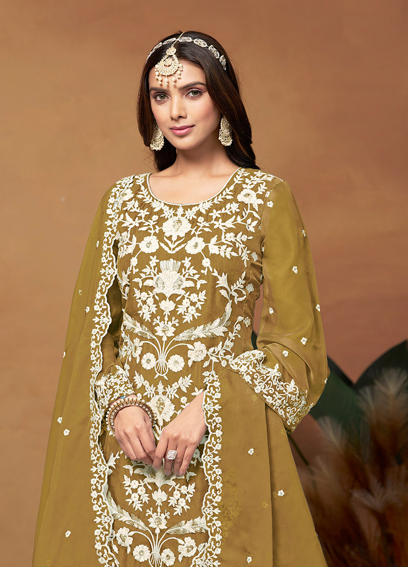 Monjolika Fashion Olive Colour Embroidered Soft Organza Straight Suit With Dupatta | Grocsy