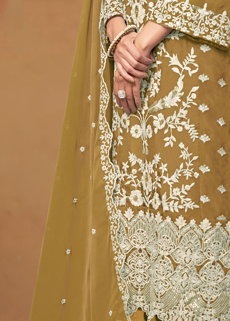 Monjolika Fashion Olive Colour Embroidered Soft Organza Straight Suit With Dupatta | Grocsy