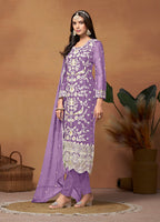 Monjolika Fashion Lavender Colour Embroidered Soft Organza Straight Suit With Dupatta | Grocsy