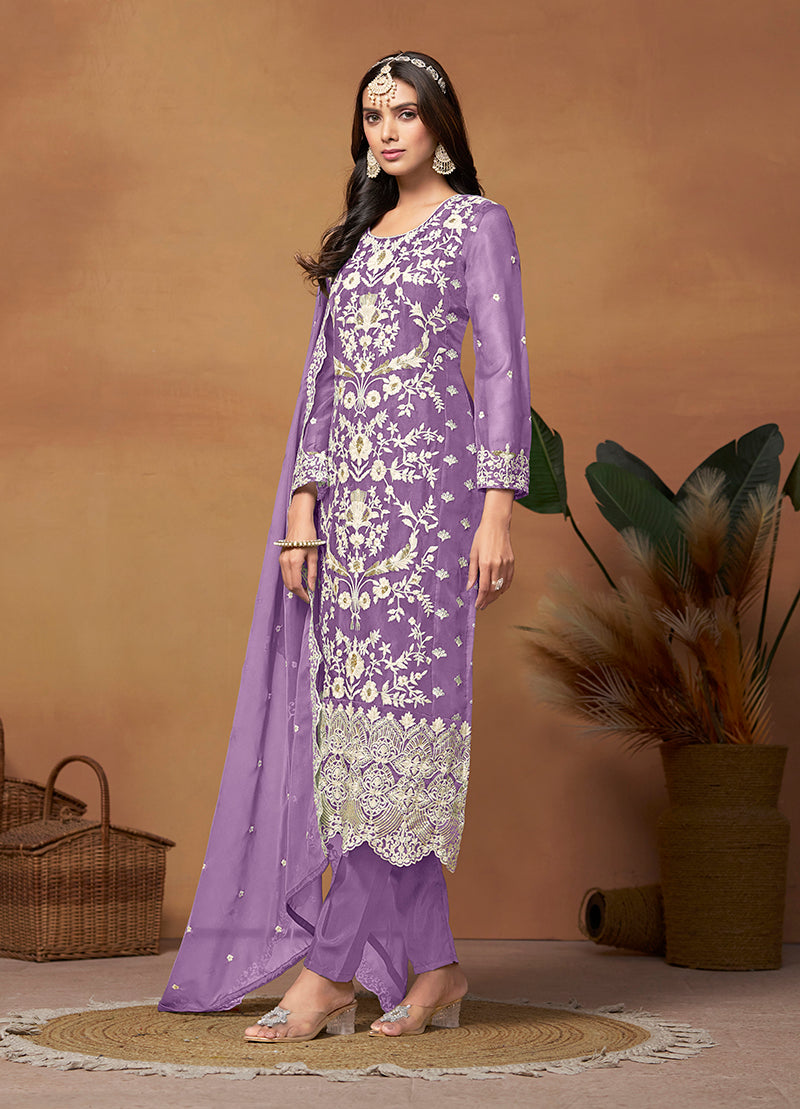 Monjolika Fashion Lavender Colour Embroidered Soft Organza Straight Suit With Dupatta | Grocsy
