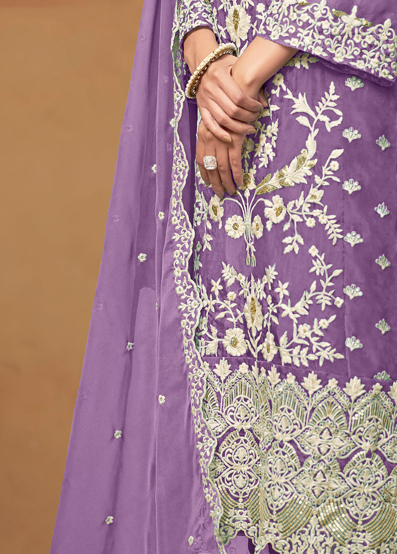 Monjolika Fashion Lavender Colour Embroidered Soft Organza Straight Suit With Dupatta | Grocsy