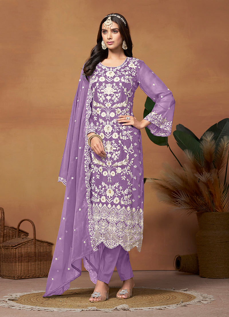 Monjolika Fashion Lavender Colour Embroidered Soft Organza Straight Suit With Dupatta | Grocsy