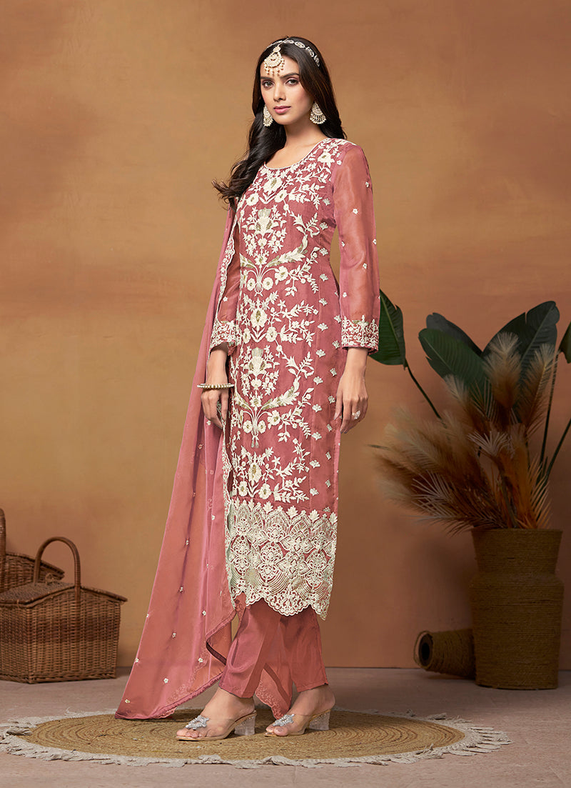Monjolika Fashion Dark Mauve Colour Embroidered Soft Organza Straight Suit With Dupatta | Grocsy
