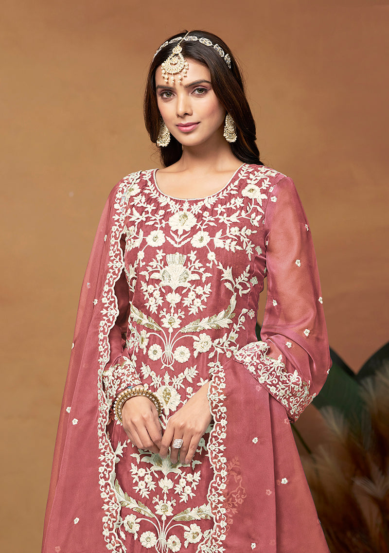 Monjolika Fashion Dark Mauve Colour Embroidered Soft Organza Straight Suit With Dupatta | Grocsy