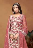 Monjolika Fashion Dark Mauve Colour Embroidered Soft Organza Straight Suit With Dupatta | Grocsy