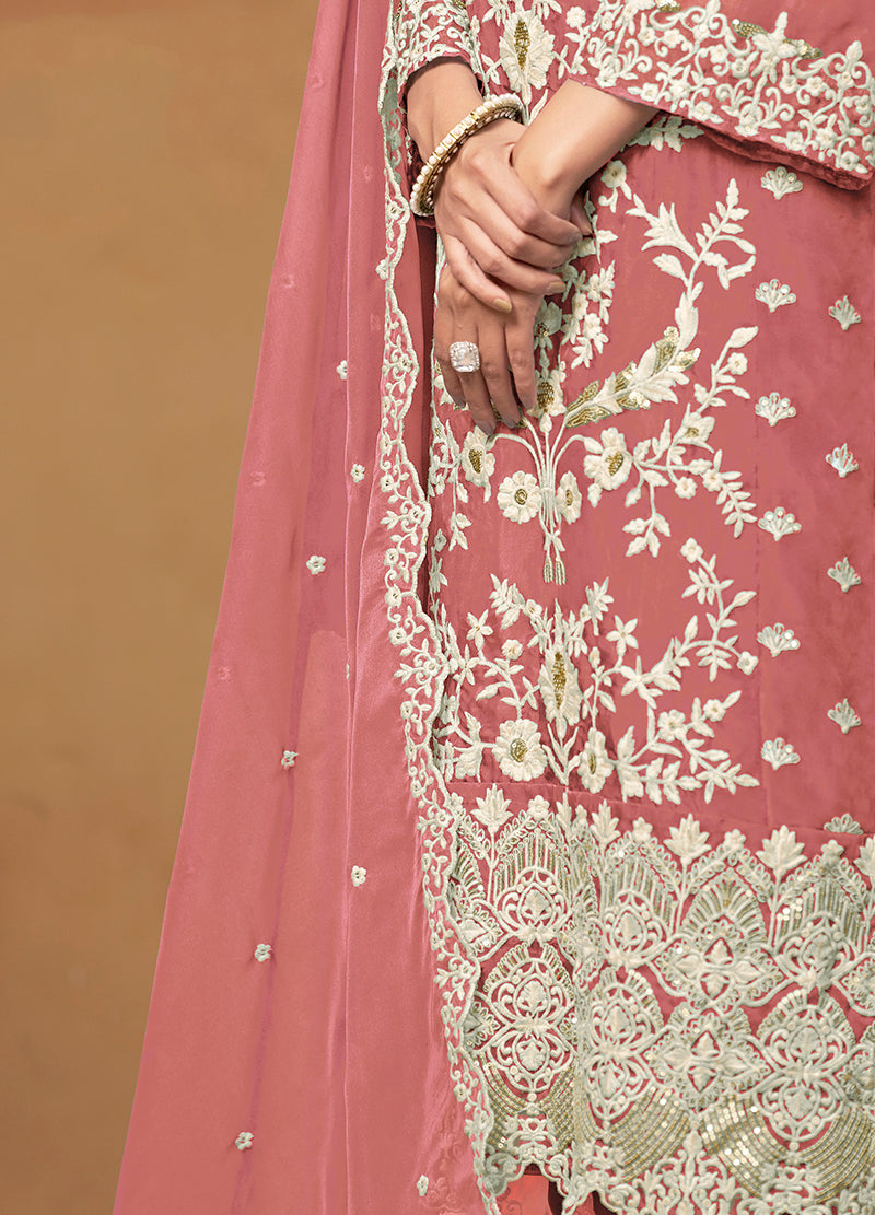 Monjolika Fashion Dark Mauve Colour Embroidered Soft Organza Straight Suit With Dupatta | Grocsy