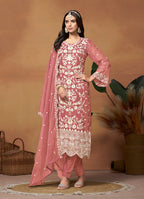 Monjolika Fashion Dark Mauve Colour Embroidered Soft Organza Straight Suit With Dupatta | Grocsy