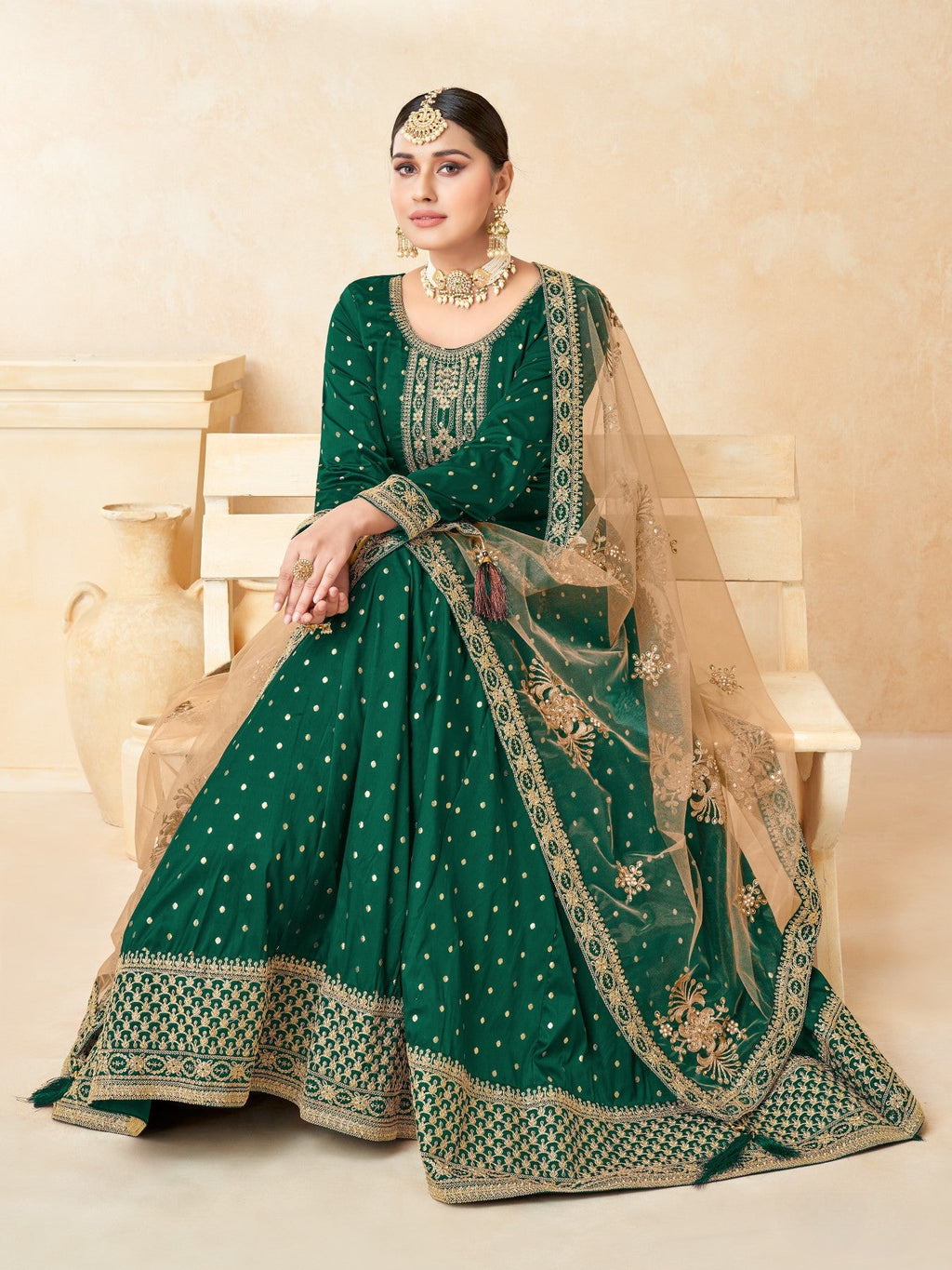 Anaita Green Embroidered Tapeta Silk Anarkali Suit | Grocsy