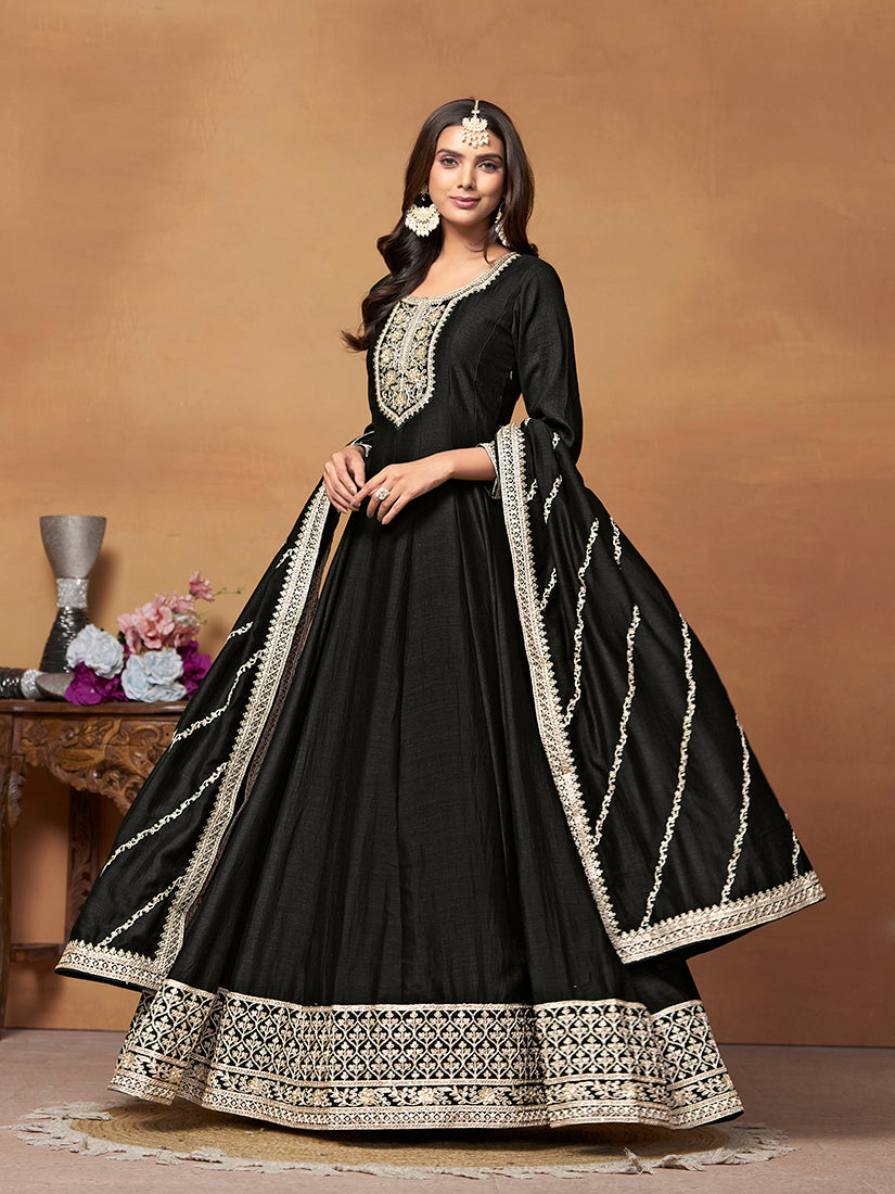 Monjolika Fashion Black Colour Art Silk Designer Anarkali Dress | Grocsy