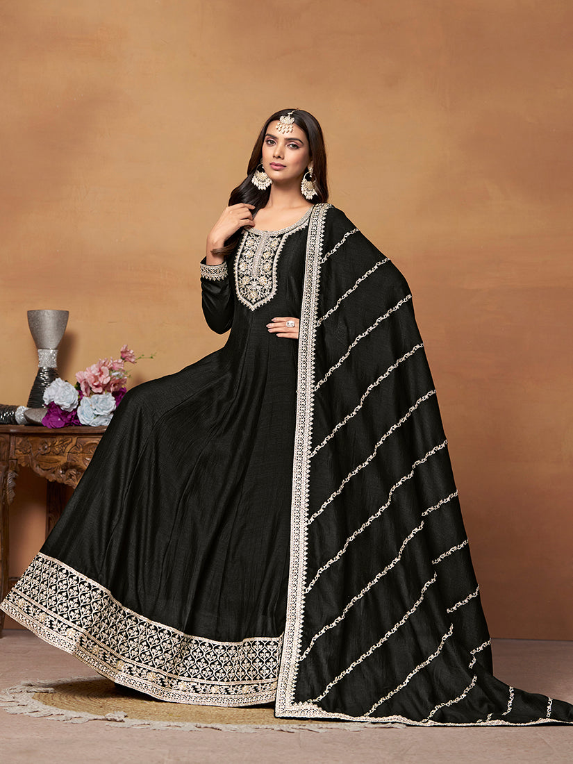 Monjolika Fashion Black Colour Art Silk Designer Anarkali Dress | Grocsy