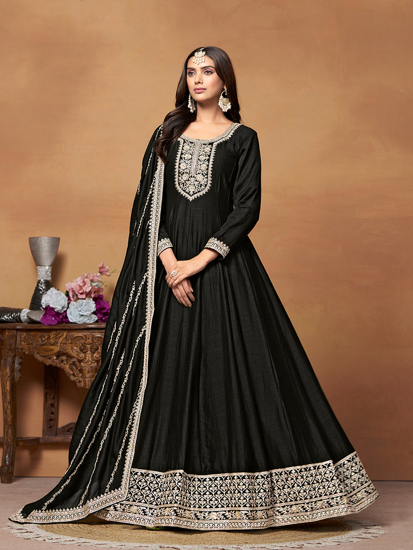 Monjolika Fashion Black Colour Art Silk Designer Anarkali Dress | Grocsy