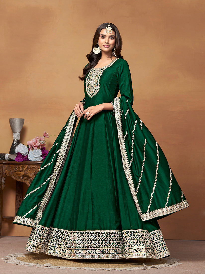 Monjolika Fashion Green Colour Art Silk Designer Anarkali Dress | Grocsy