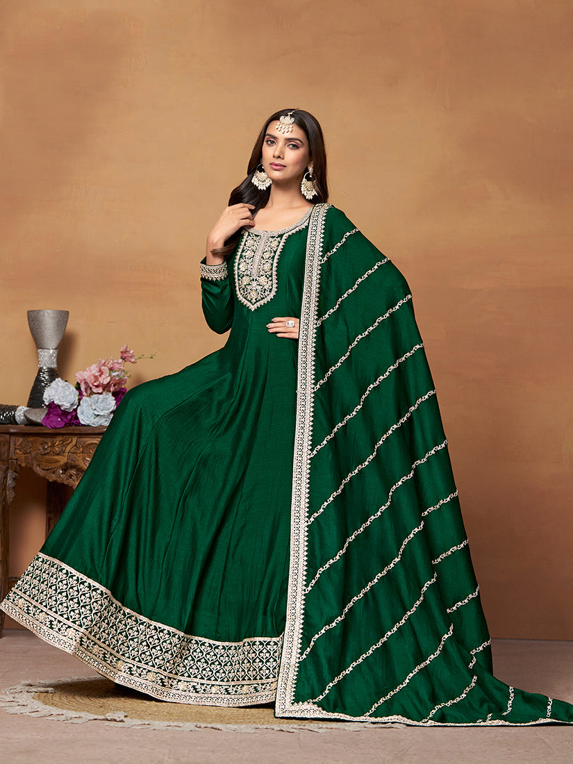 Monjolika Fashion Green Colour Art Silk Designer Anarkali Dress | Grocsy