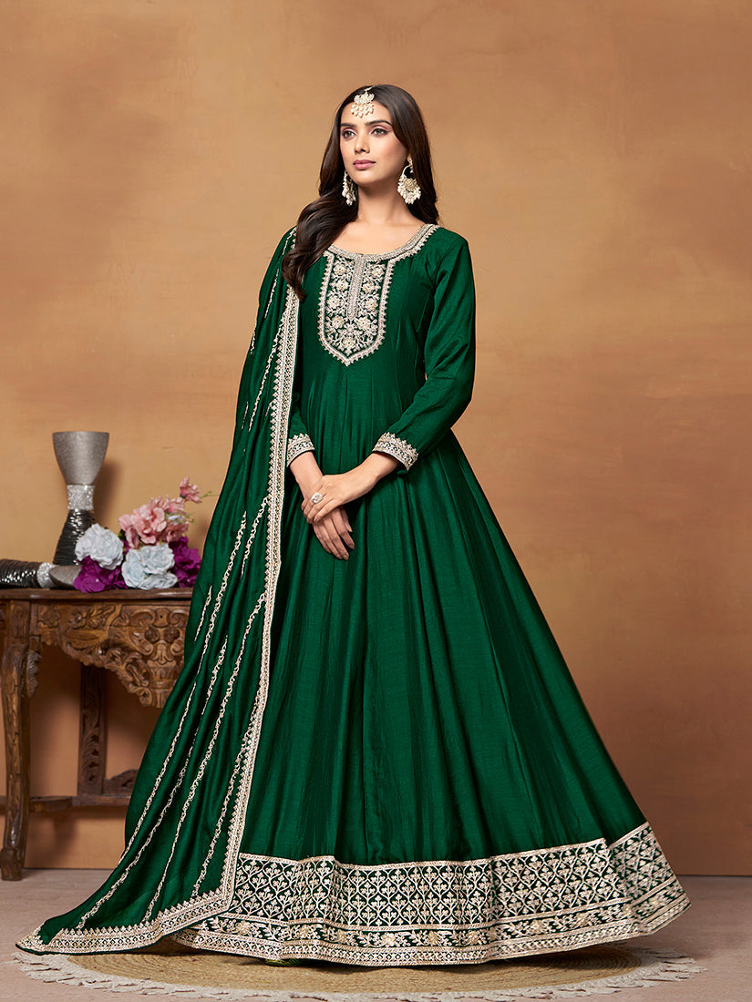 Monjolika Fashion Green Colour Art Silk Designer Anarkali Dress | Grocsy