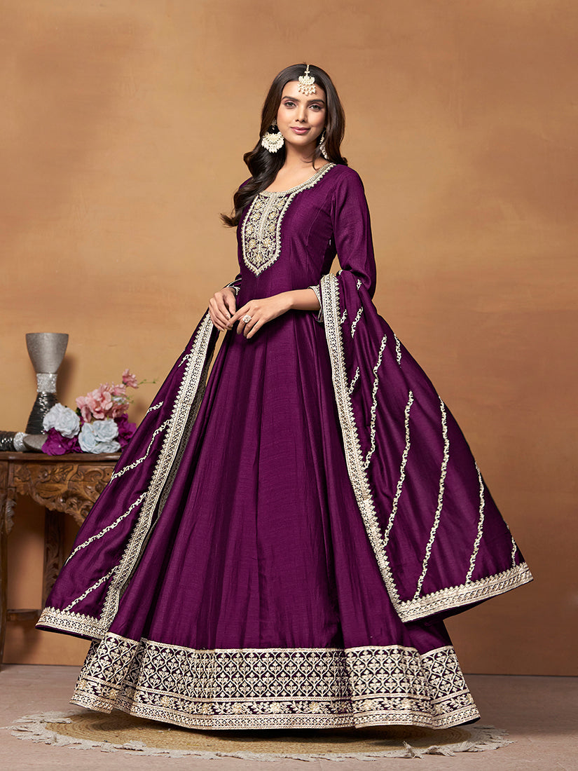 Monjolika Fashion Purple Colour Art Silk Designer Anarkali Dress | Grocsy