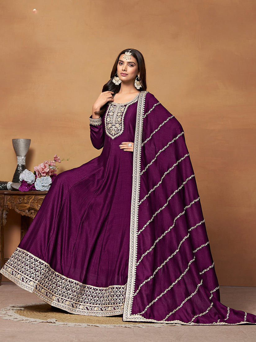 Monjolika Fashion Purple Colour Art Silk Designer Anarkali Dress | Grocsy