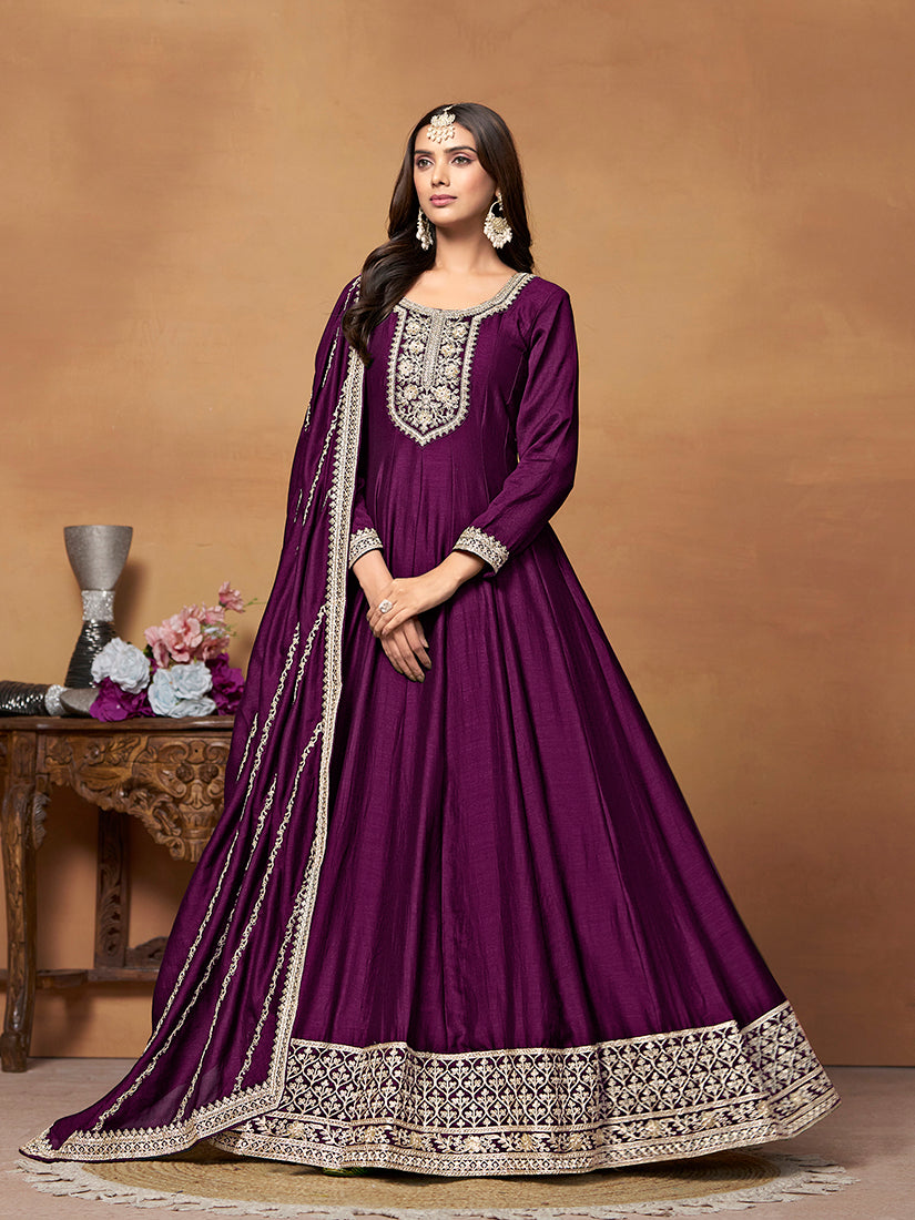 Monjolika Fashion Purple Colour Art Silk Designer Anarkali Dress | Grocsy