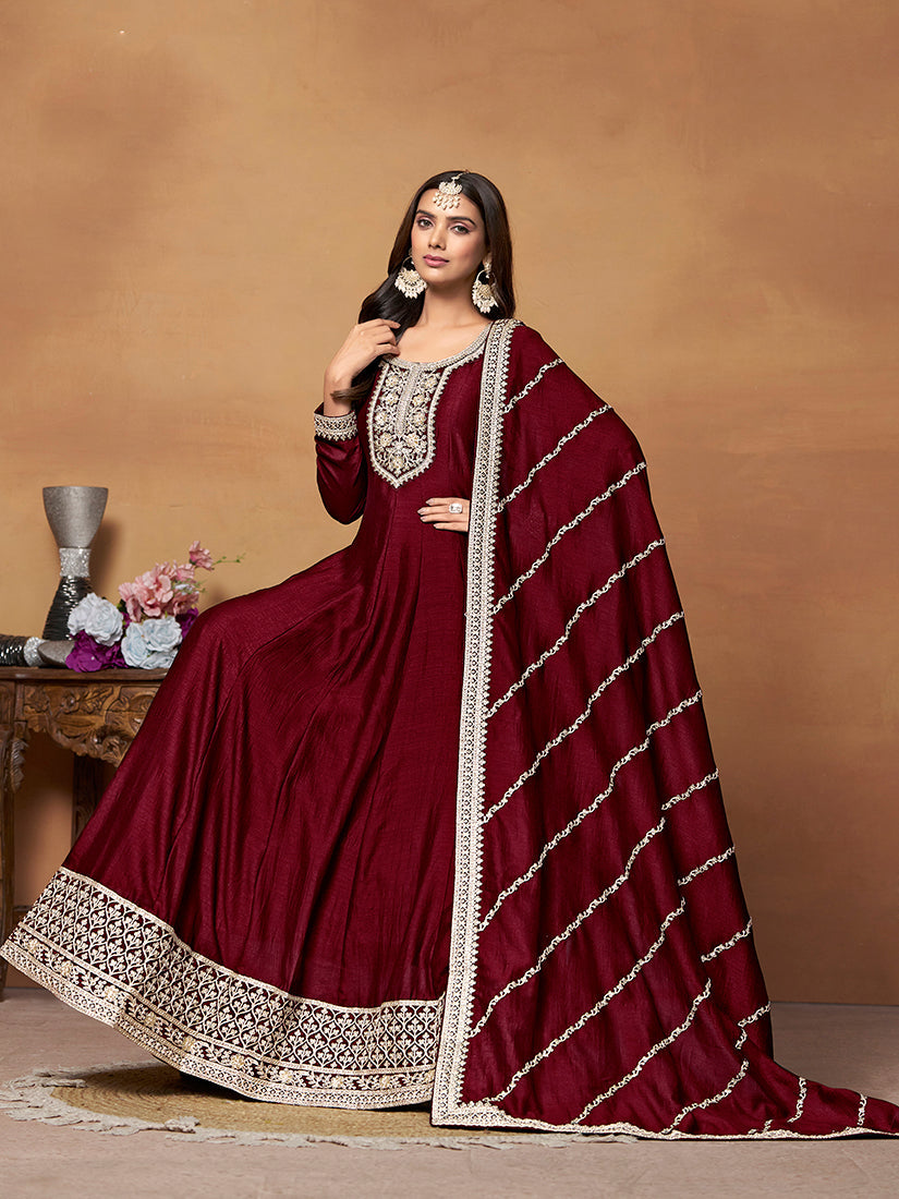 Monjolika Fashion Wine Colour Art Silk Designer Anarkali Dress | Grocsy