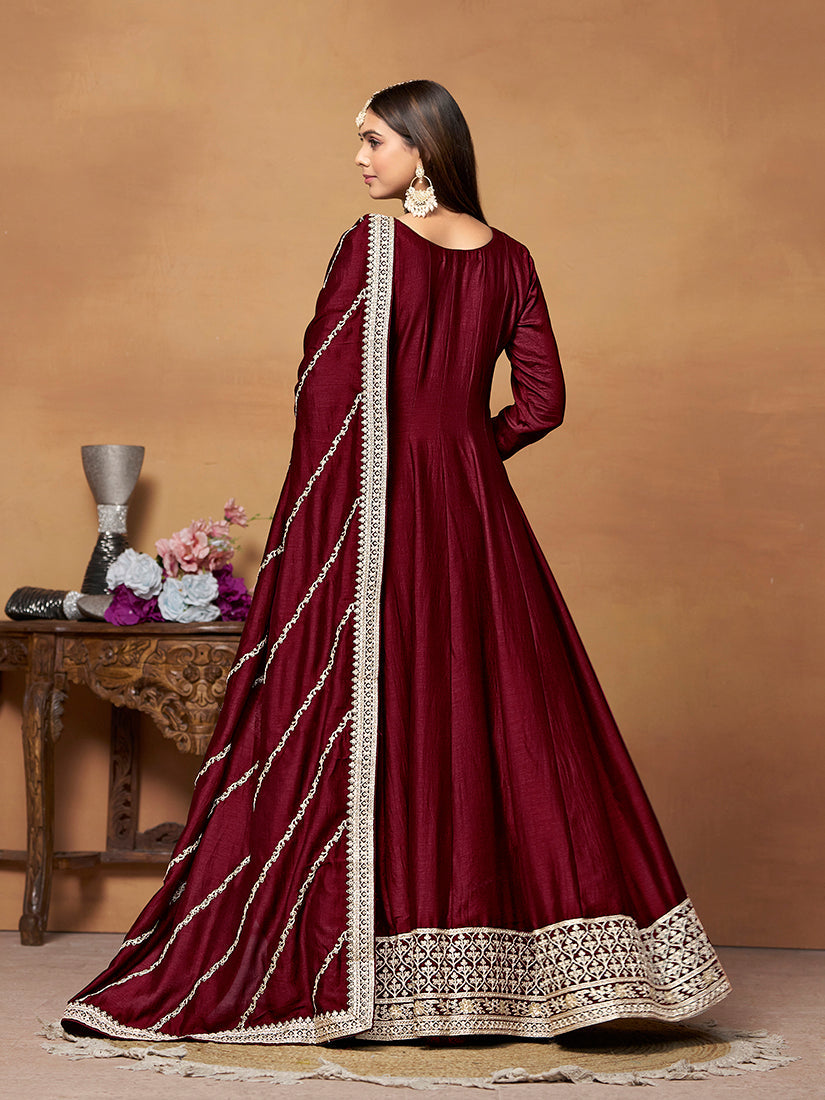 Monjolika Fashion Wine Colour Art Silk Designer Anarkali Dress | Grocsy