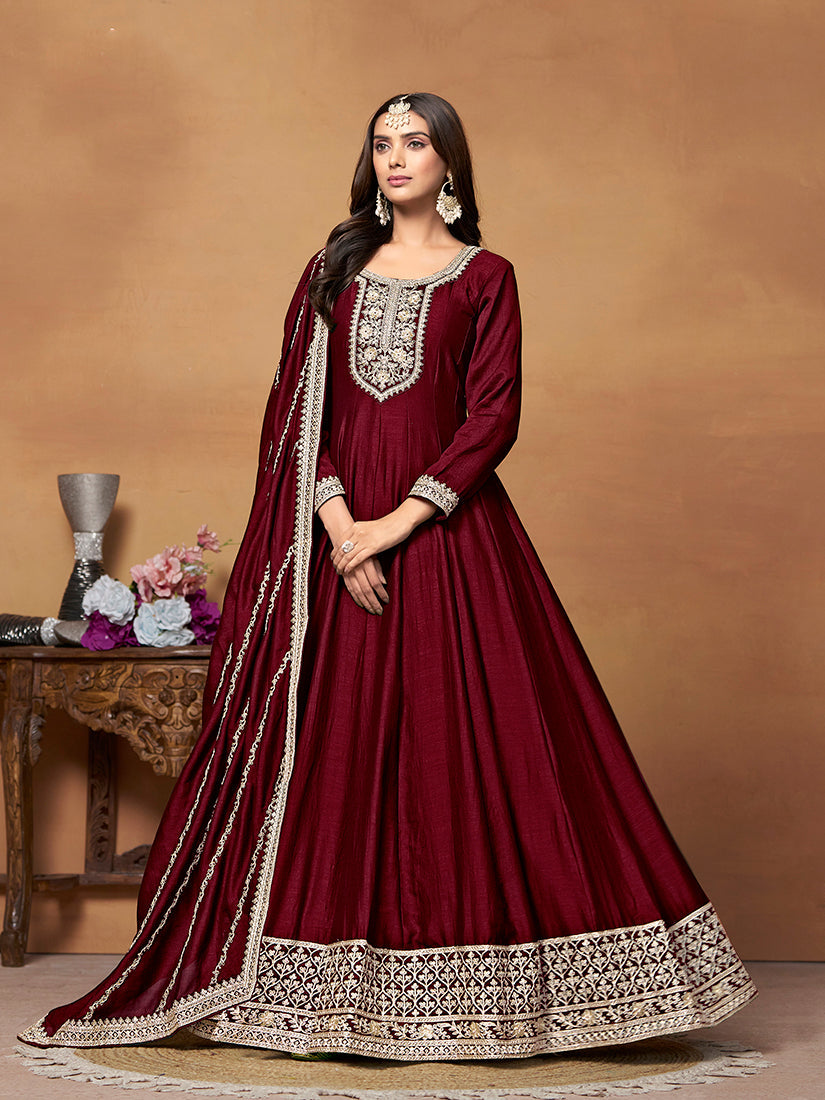 Monjolika Fashion Wine Colour Art Silk Designer Anarkali Dress | Grocsy