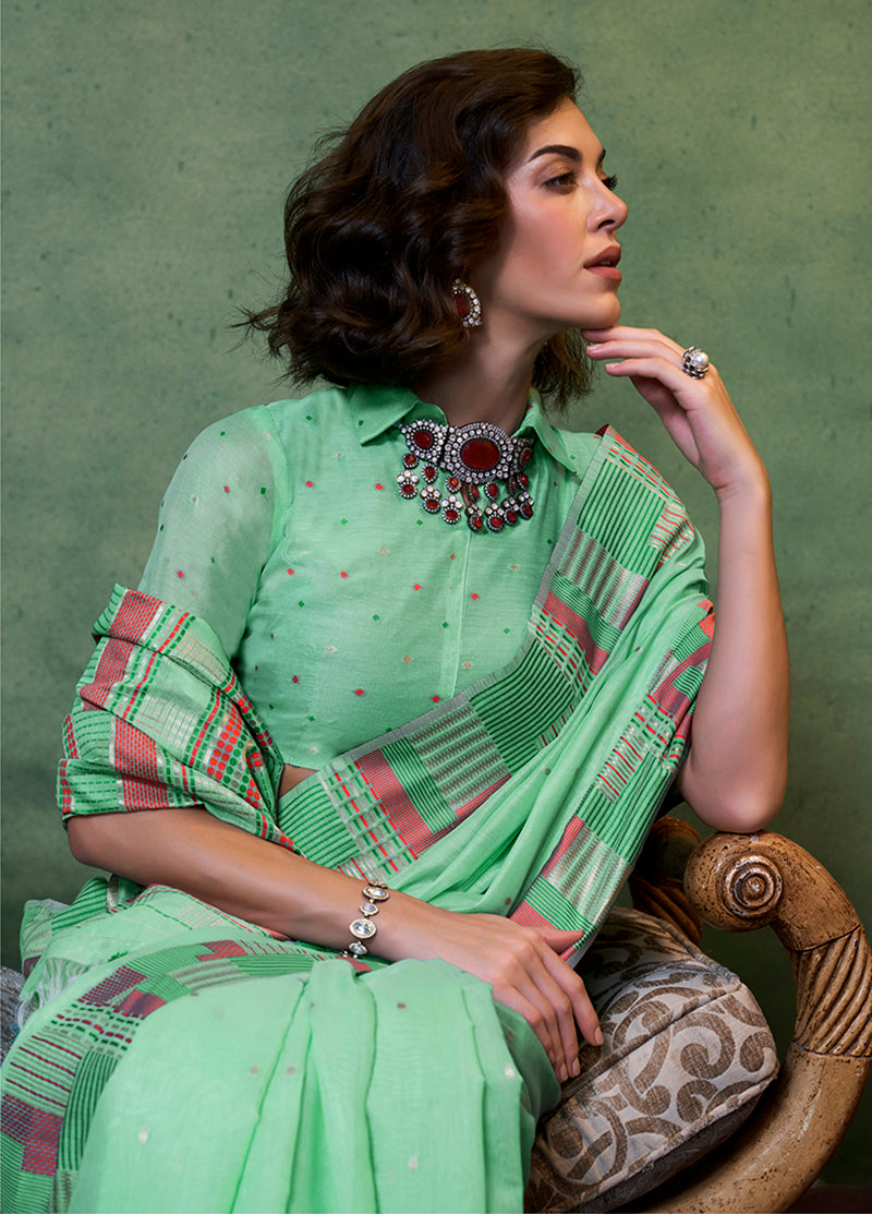Monjolika Fashion Light Green Colour Cotton Handloom Lightwear Saree For Women | Grocsy