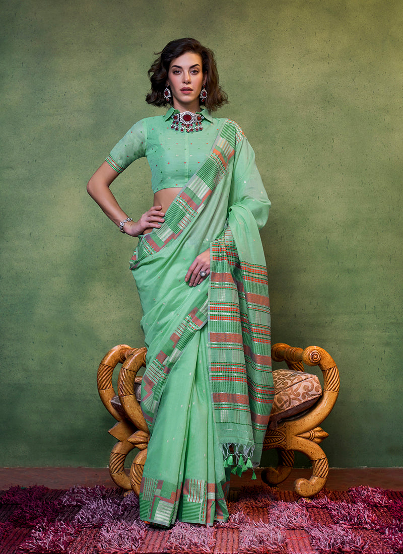 Monjolika Fashion Light Green Colour Cotton Handloom Lightwear Saree For Women | Grocsy