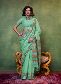 Monjolika Fashion Light Green Colour Cotton Handloom Lightwear Saree For Women | Grocsy