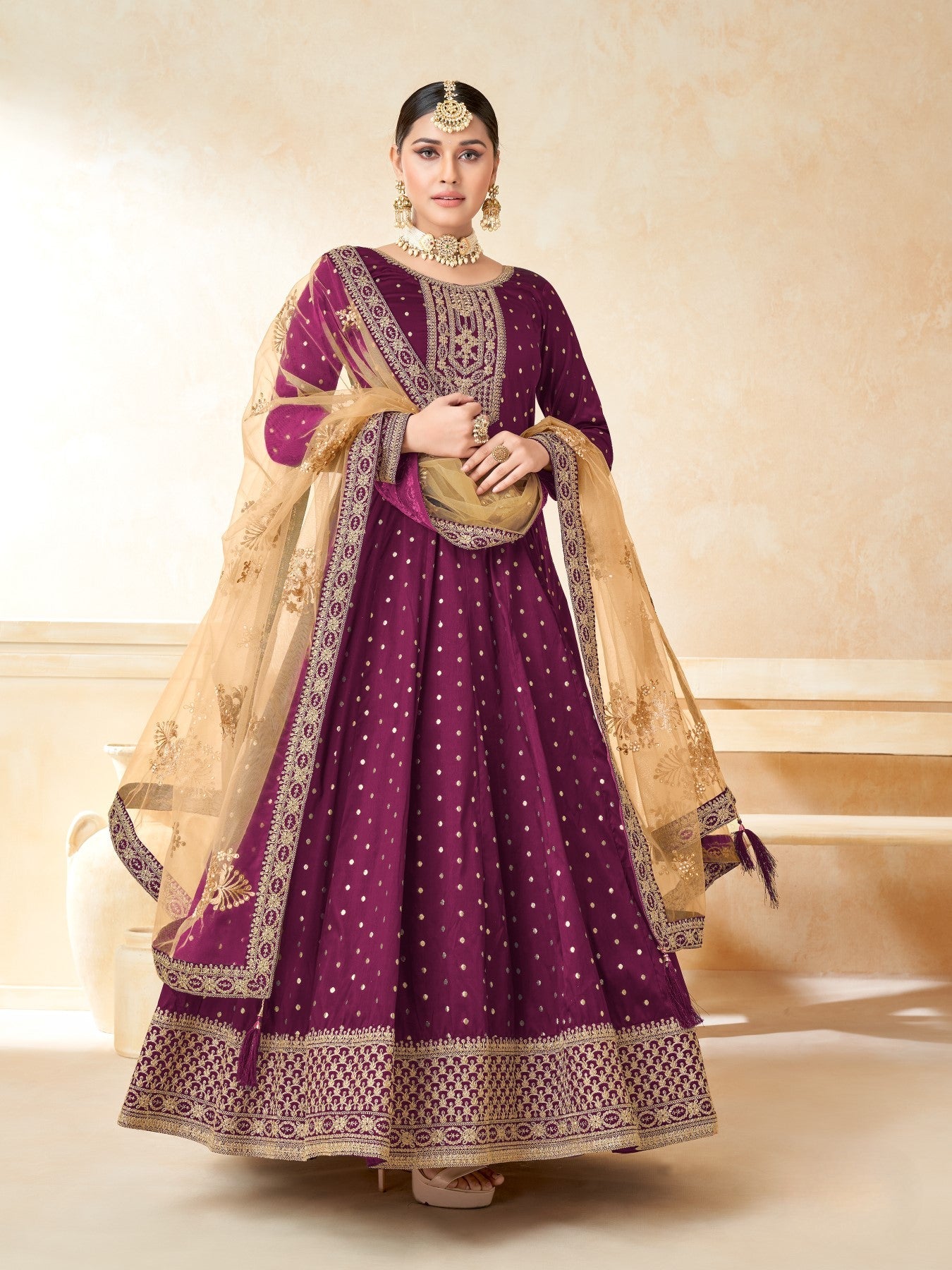 Anaita Purple Embroidered Tapeta Silk Anarkali Suit | Grocsy
