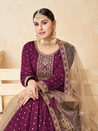 Anaita Purple Embroidered Tapeta Silk Anarkali Suit | Grocsy