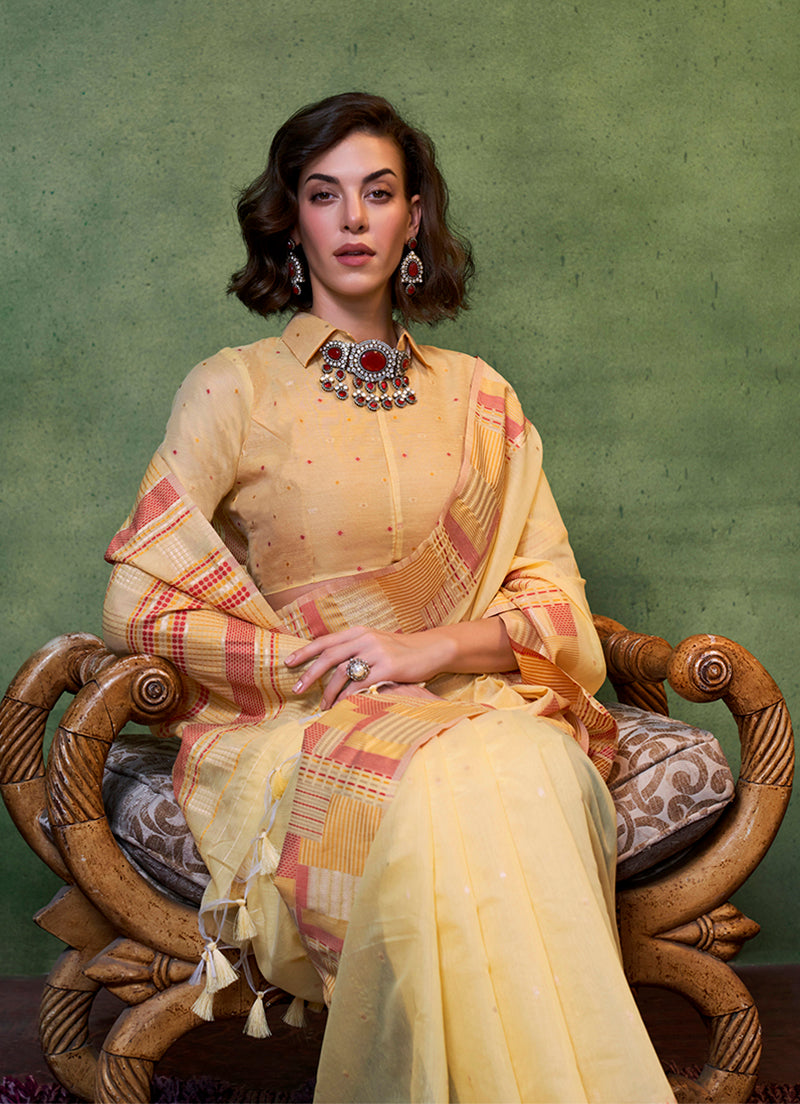 Monjolika Fashion Light Yellow Colour Cotton Handloom Lightwear Saree For Women | Grocsy