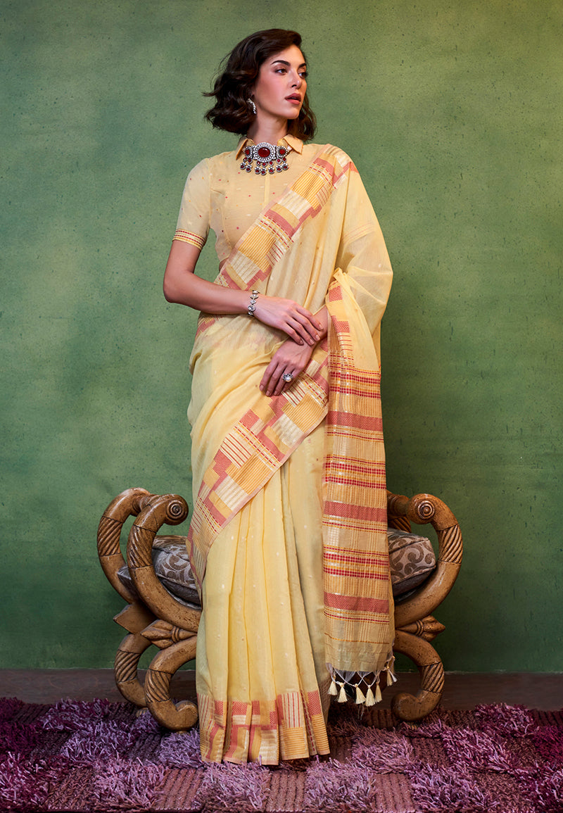 Monjolika Fashion Light Yellow Colour Cotton Handloom Lightwear Saree For Women | Grocsy