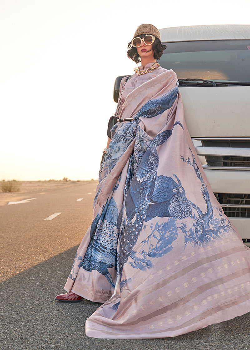 Monjolika Fashion Slate Grey Color Printed Tussar Silk Designer Saree Online | Grocsy