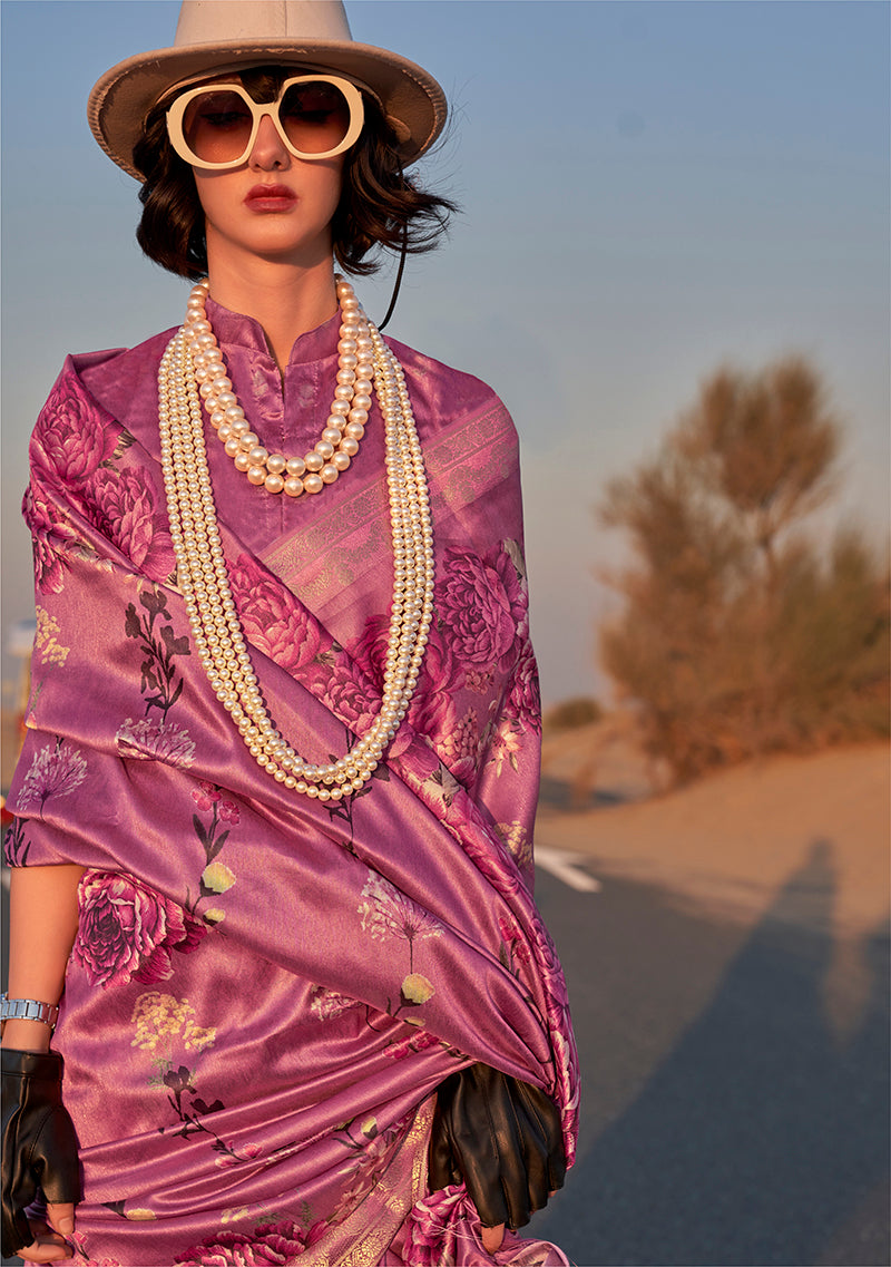 Monjolika Fashion Dark Magenta Color Printed Tussar Silk Designer Saree Online | Grocsy