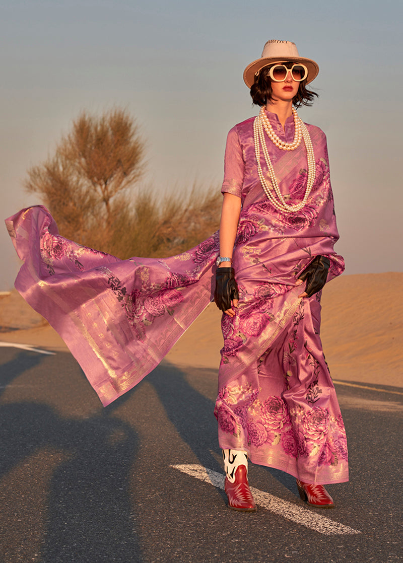Monjolika Fashion Dark Magenta Color Printed Tussar Silk Designer Saree Online | Grocsy