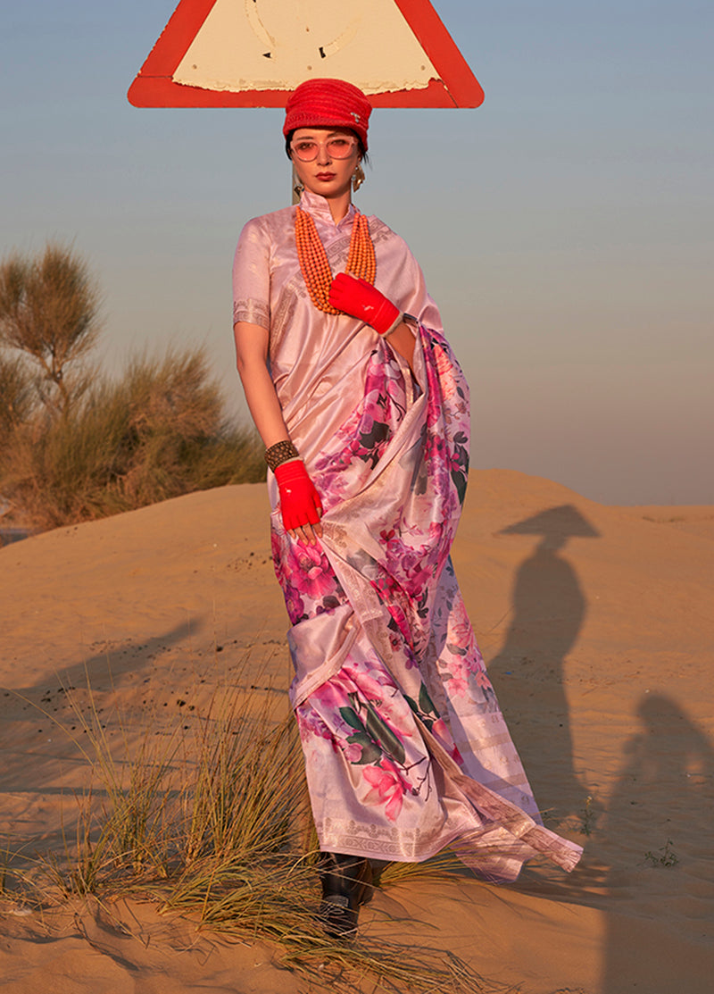 Monjolika Fashion Beige Color Printed Tussar Silk Designer Saree Online | Grocsy