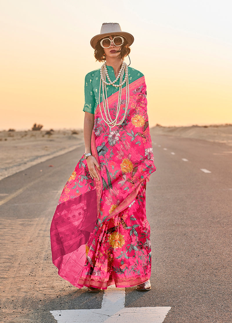 Monjolika Fashion Pink Color Printed Tussar Silk Designer Saree Online | Grocsy