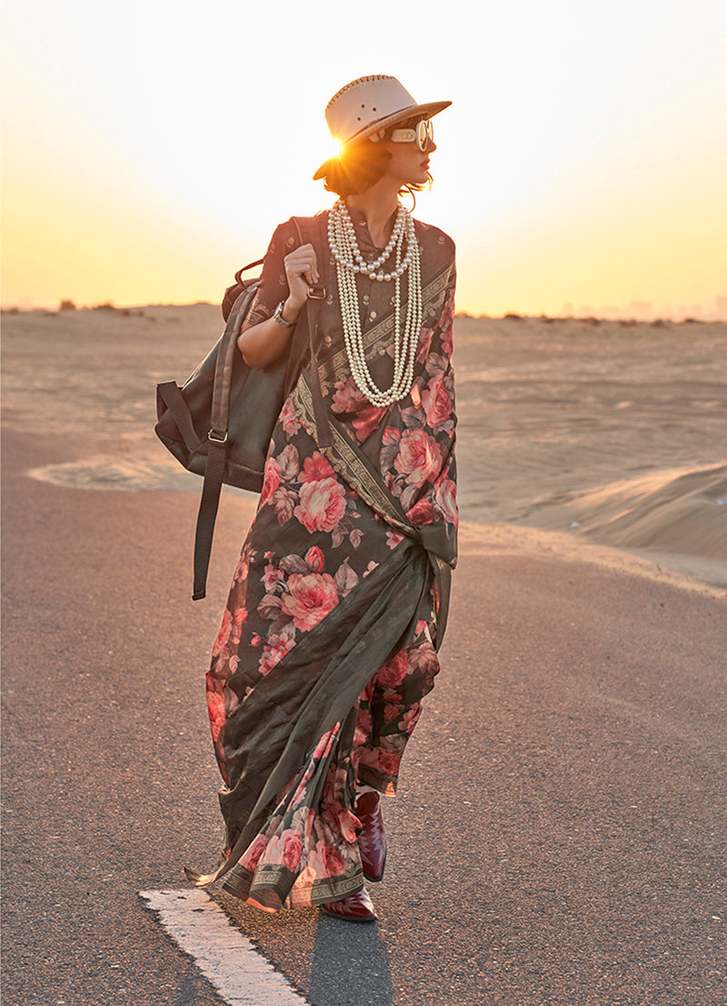 Monjolika Fashion Black Color Printed Tussar Silk Designer Saree Online | Grocsy