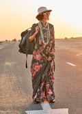 Monjolika Fashion Black Color Printed Tussar Silk Designer Saree Online | Grocsy